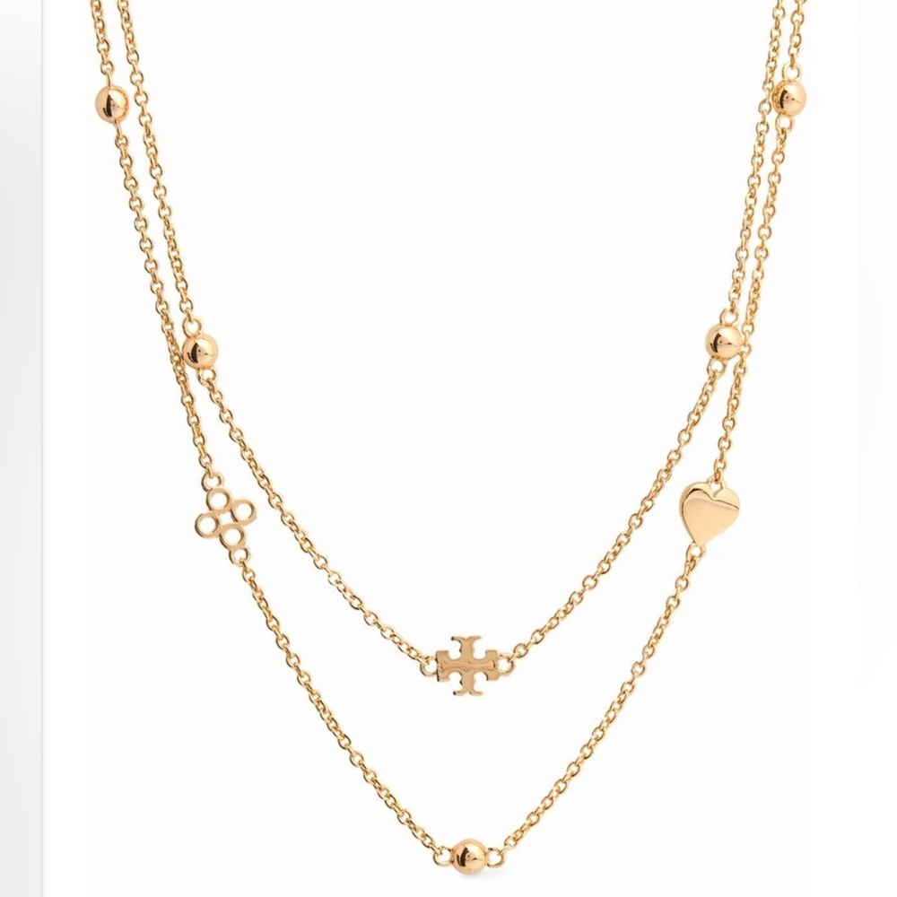 Tory Burch Kira‎ Layered Necklace Gold 18k Plated Logo Heart Charms NEW